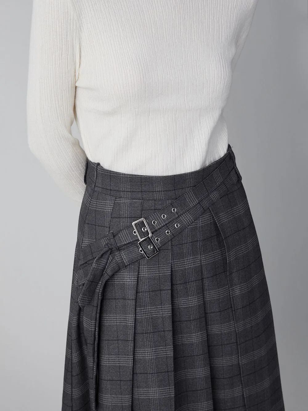 Collage-style Pleats Long Plaid Skirt