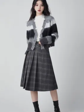 Collage-style Pleats Long Plaid Skirt