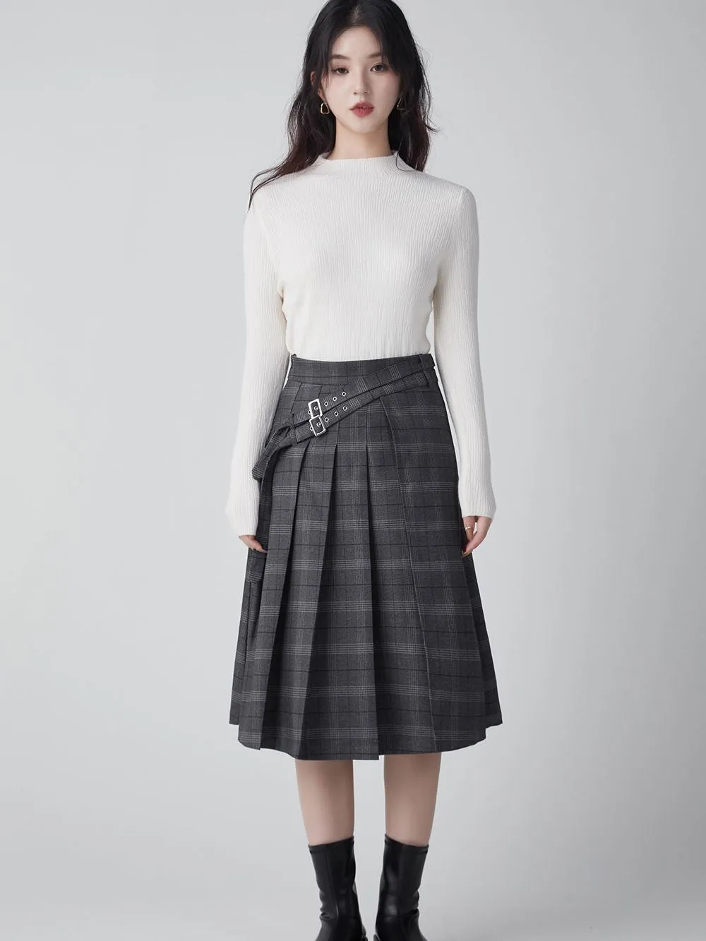 Collage-style Pleats Long Plaid Skirt