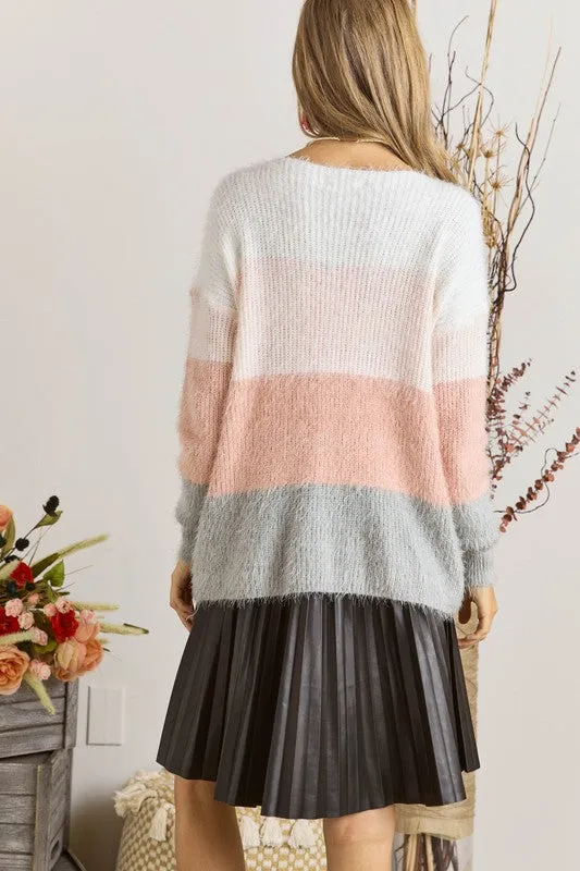 COLOR BLOCK FUZZY KNIT SWEATER - MULTI