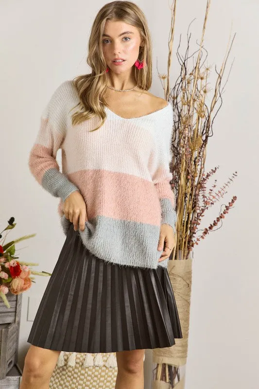 COLOR BLOCK FUZZY KNIT SWEATER - MULTI