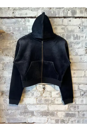 Cord Velour Cropped Zip Up Hoodie - Black