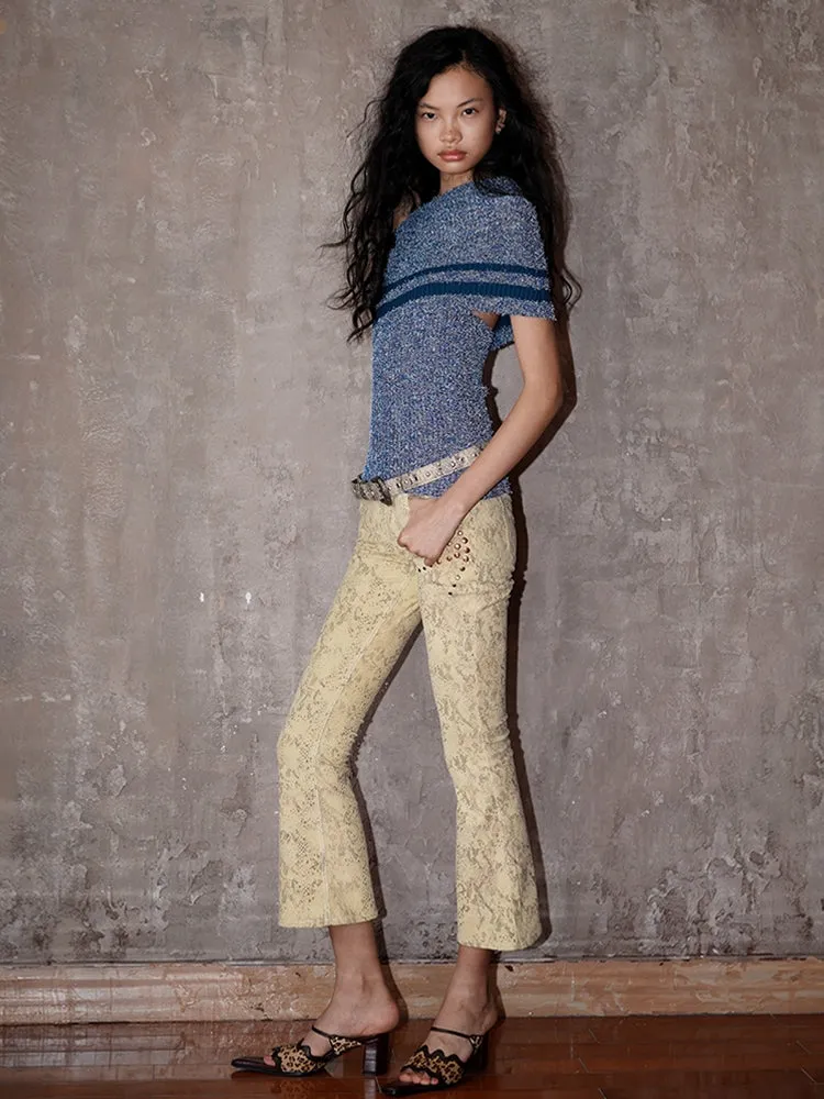 Corduroy Cropped Western Flare Studs Embroidery Pants