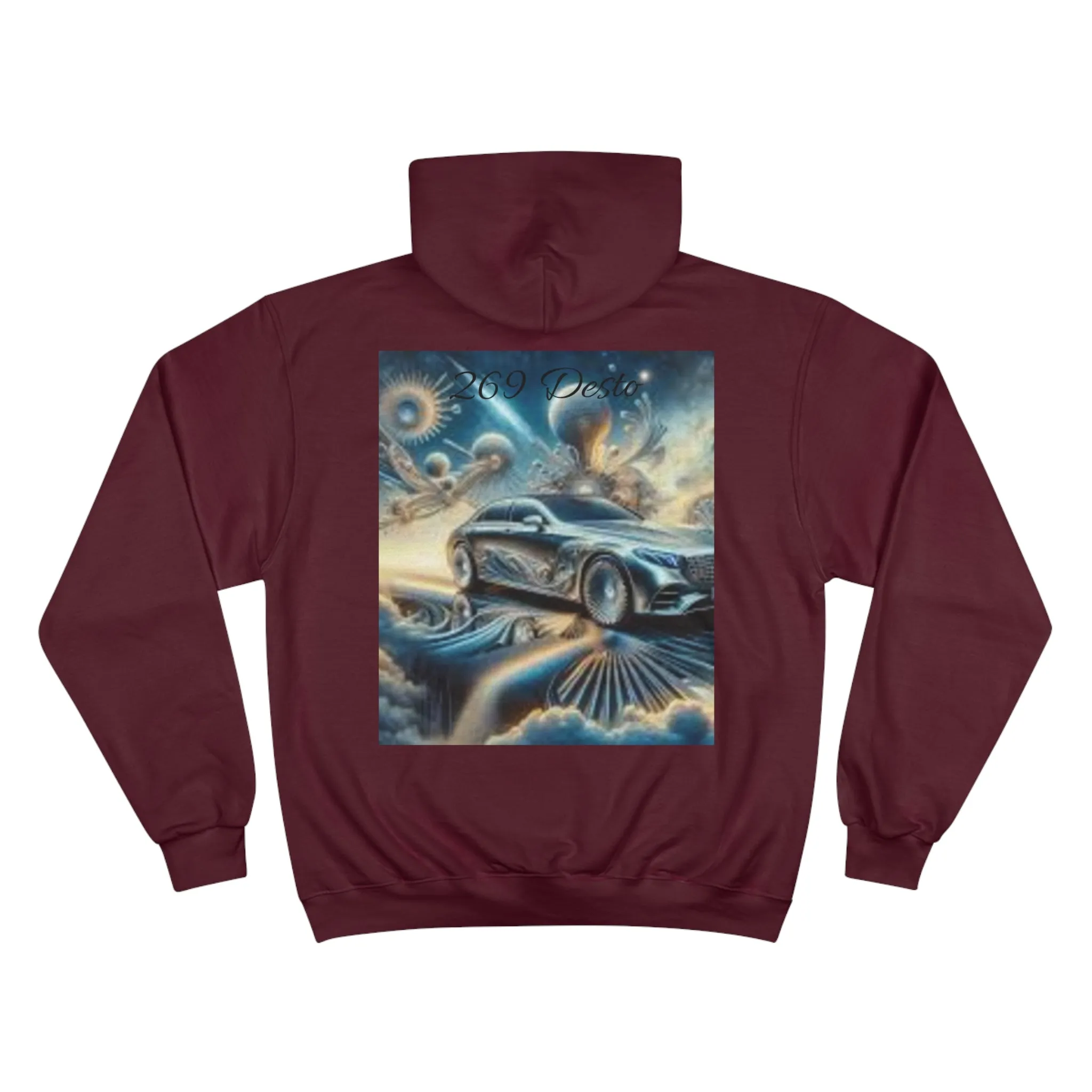 Cosmic Car Champion Hoodie - Vibrant Orange Graphic Sweatshirt