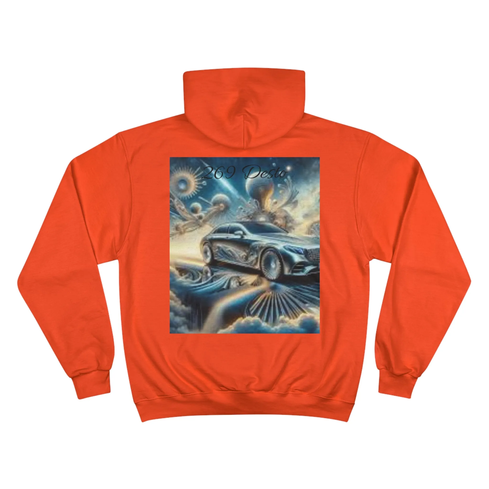 Cosmic Car Champion Hoodie - Vibrant Orange Graphic Sweatshirt