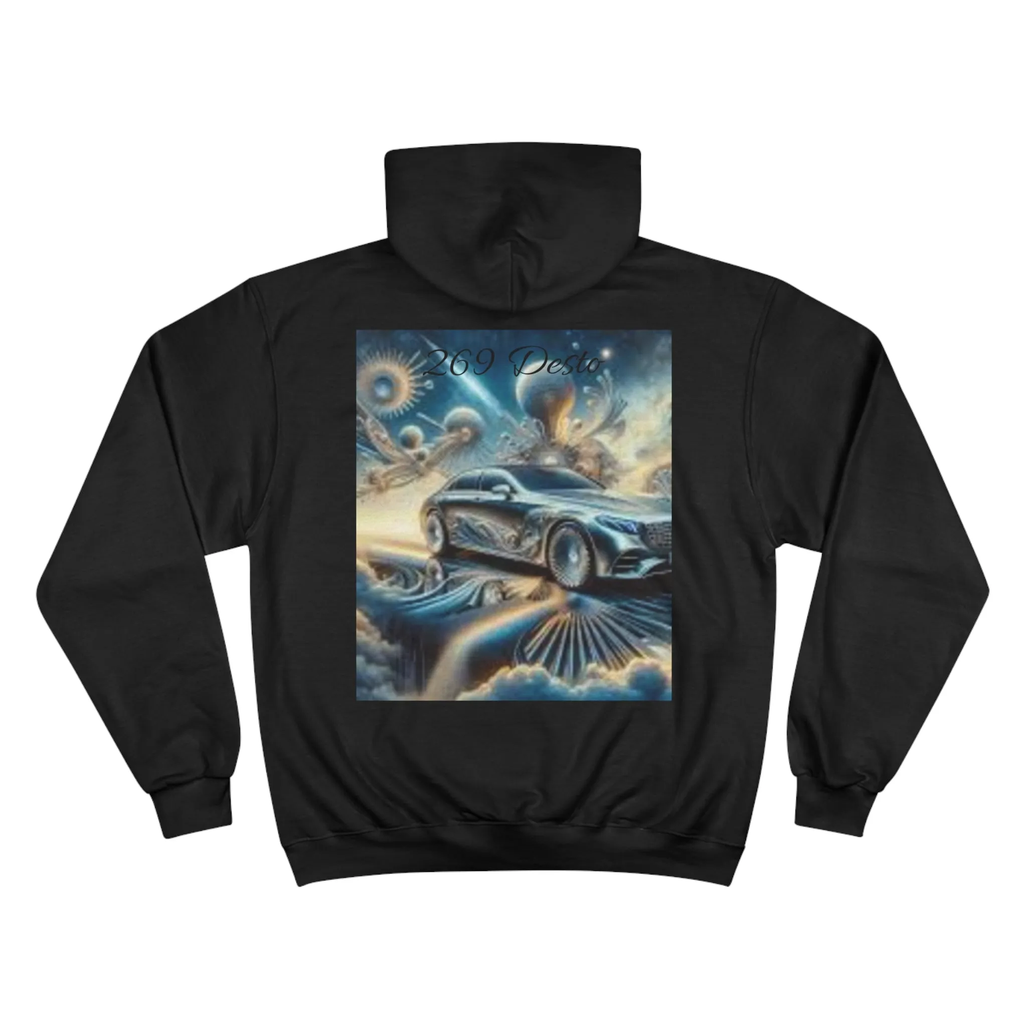 Cosmic Car Champion Hoodie - Vibrant Orange Graphic Sweatshirt