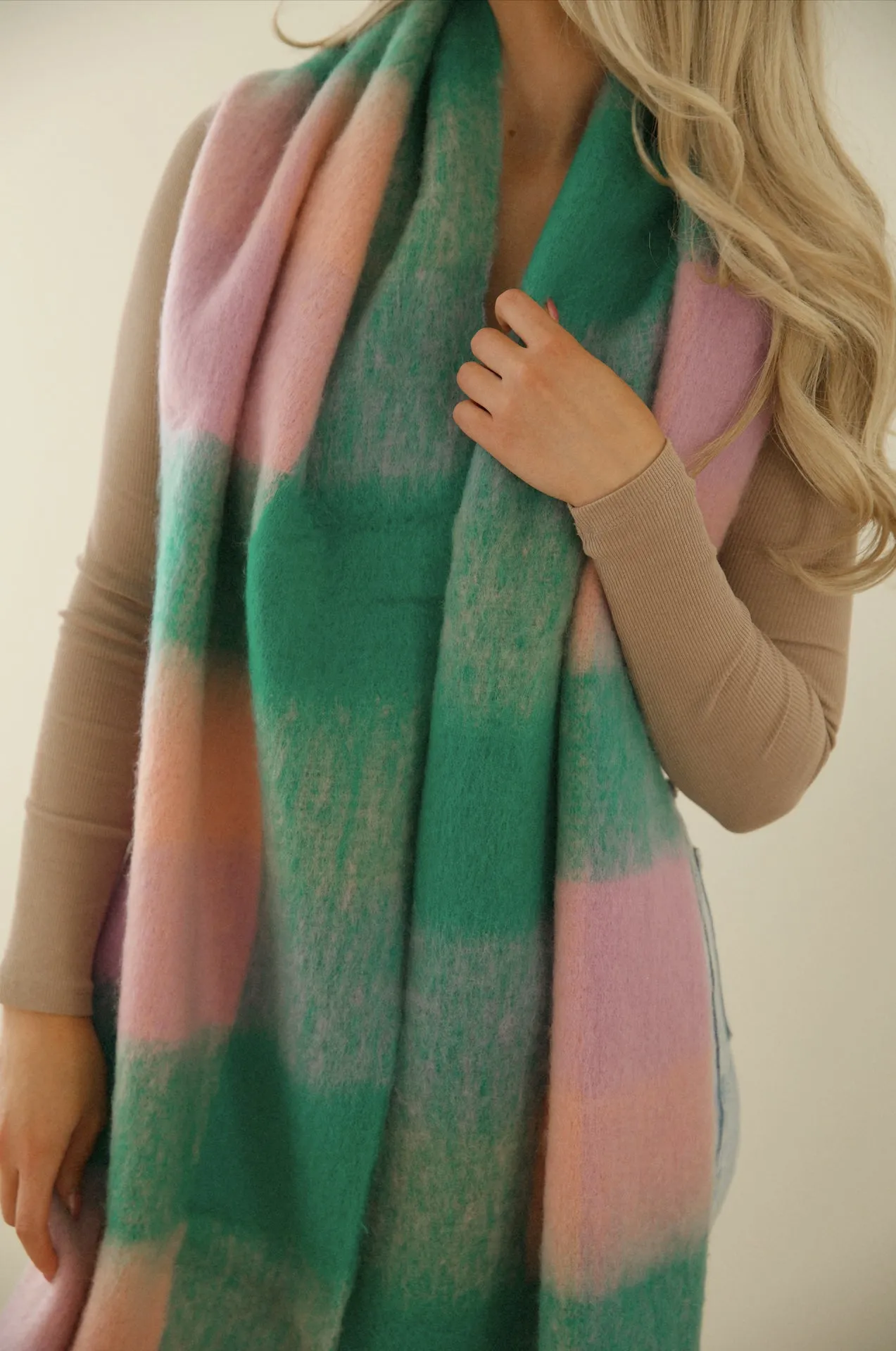 Cozy Feels Multicolor Fringe Scarf - Green/Lavender