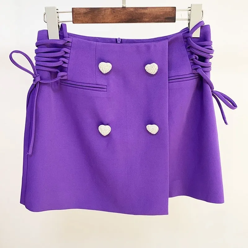 Crazy For You Purple Crop Blazer and Skirt Two Piece Set with Rhinestone Heart Buttons