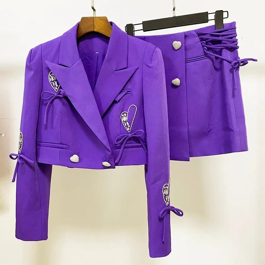 Crazy For You Purple Crop Blazer and Skirt Two Piece Set with Rhinestone Heart Buttons