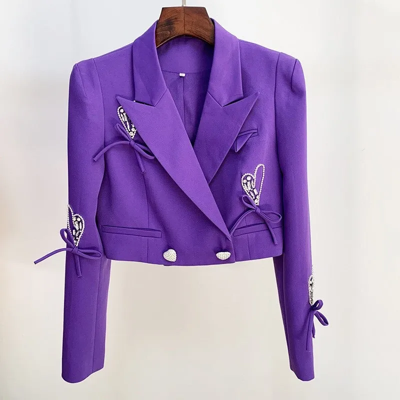 Crazy For You Purple Crop Blazer and Skirt Two Piece Set with Rhinestone Heart Buttons