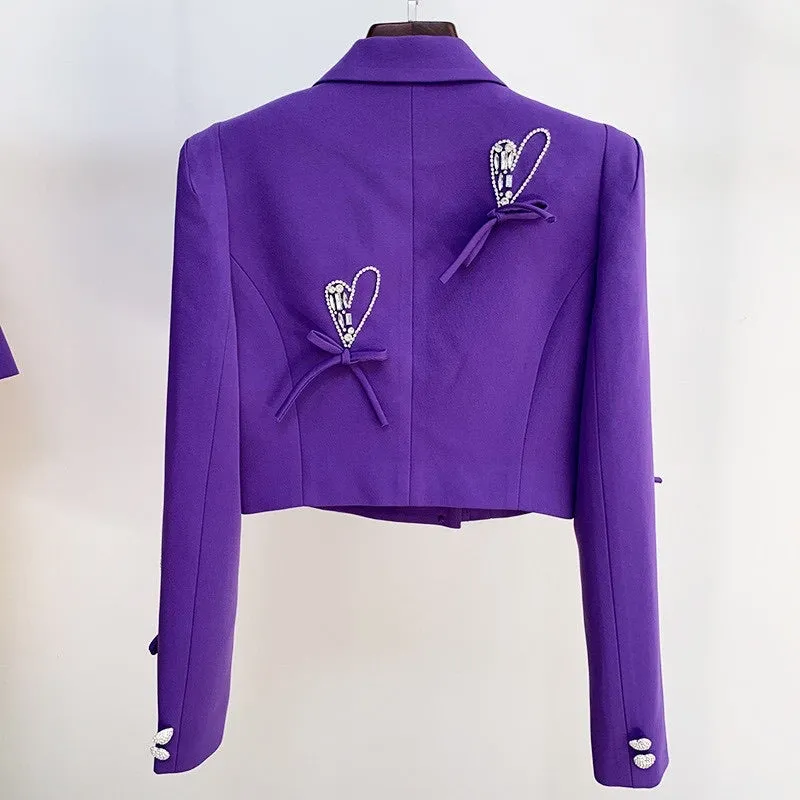 Crazy For You Purple Crop Blazer and Skirt Two Piece Set with Rhinestone Heart Buttons