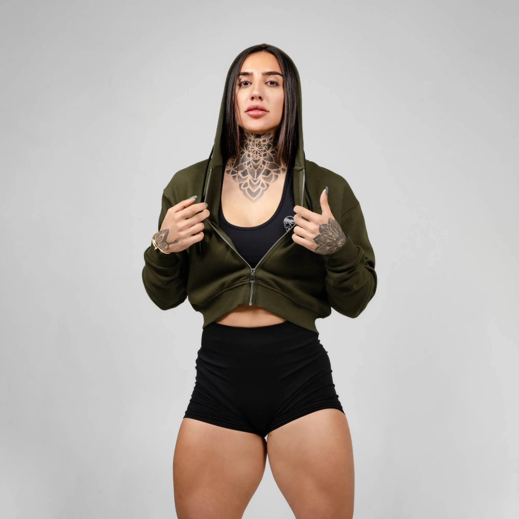 Cropped Zip-Up Hoodie - OD Green/Black