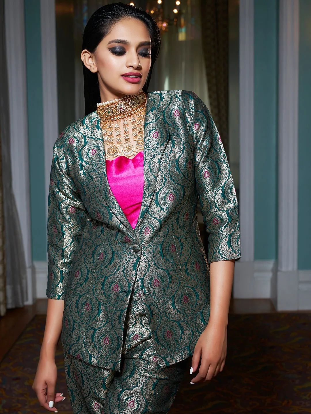 Dark Green Jacquard Banarasi Brocade A-Line Blazer With Pant