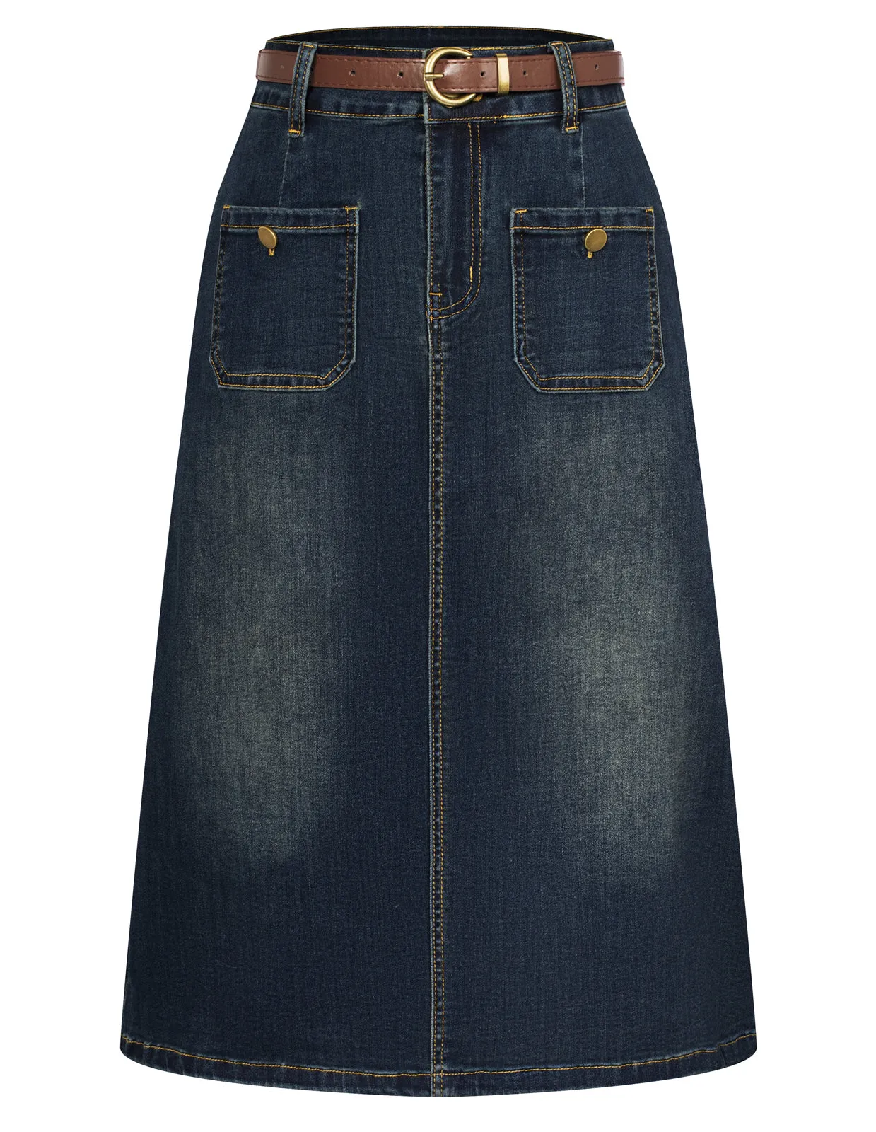 Denim Skirt with Belt Knee Length High Waisted Jean Skirts for Women