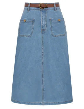 Denim Skirt with Belt Knee Length High Waisted Jean Skirts for Women