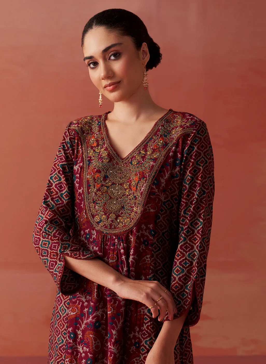 Dilshad Wine Long Printed Kurta for Women