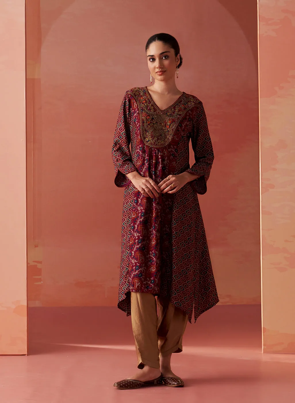 Dilshad Wine Long Printed Kurta for Women