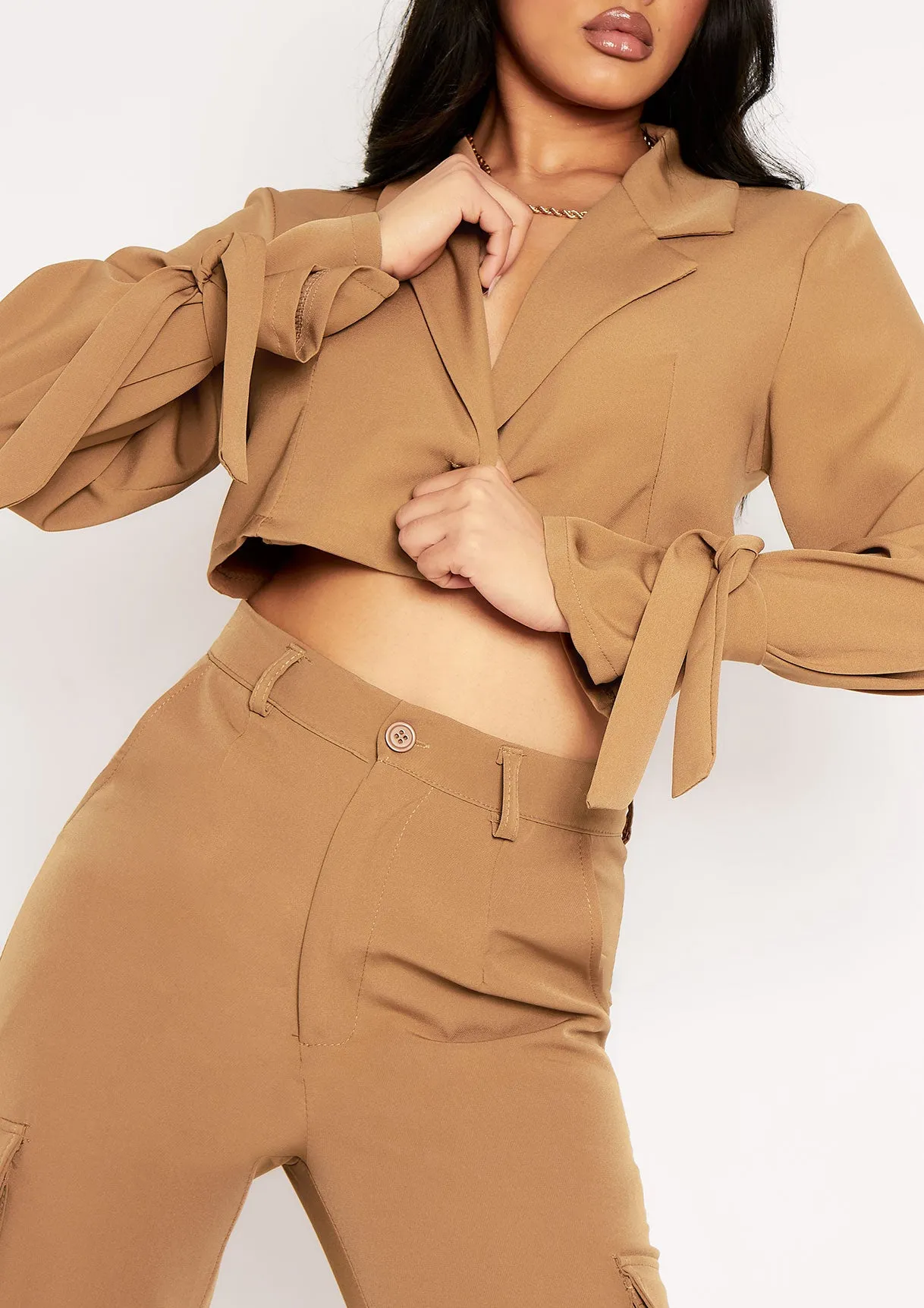 Emma Camel Tie Detail Cropped Blazer