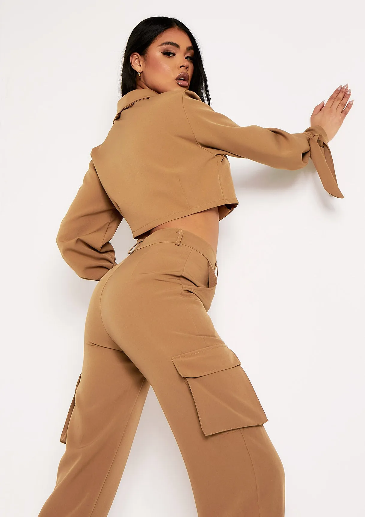 Emma Camel Tie Detail Cropped Blazer