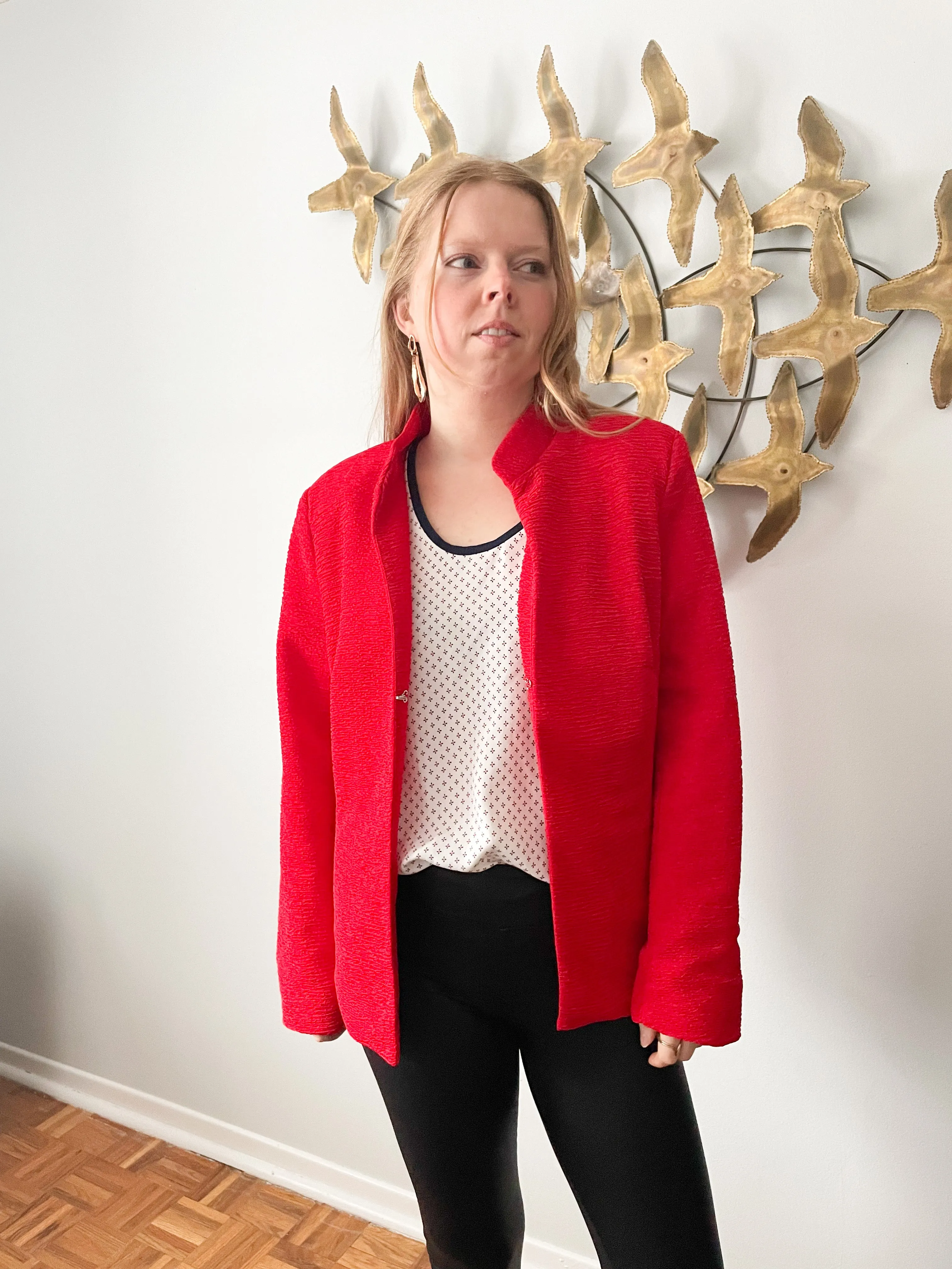 Erin London Ruched Red Open Blazer - Large