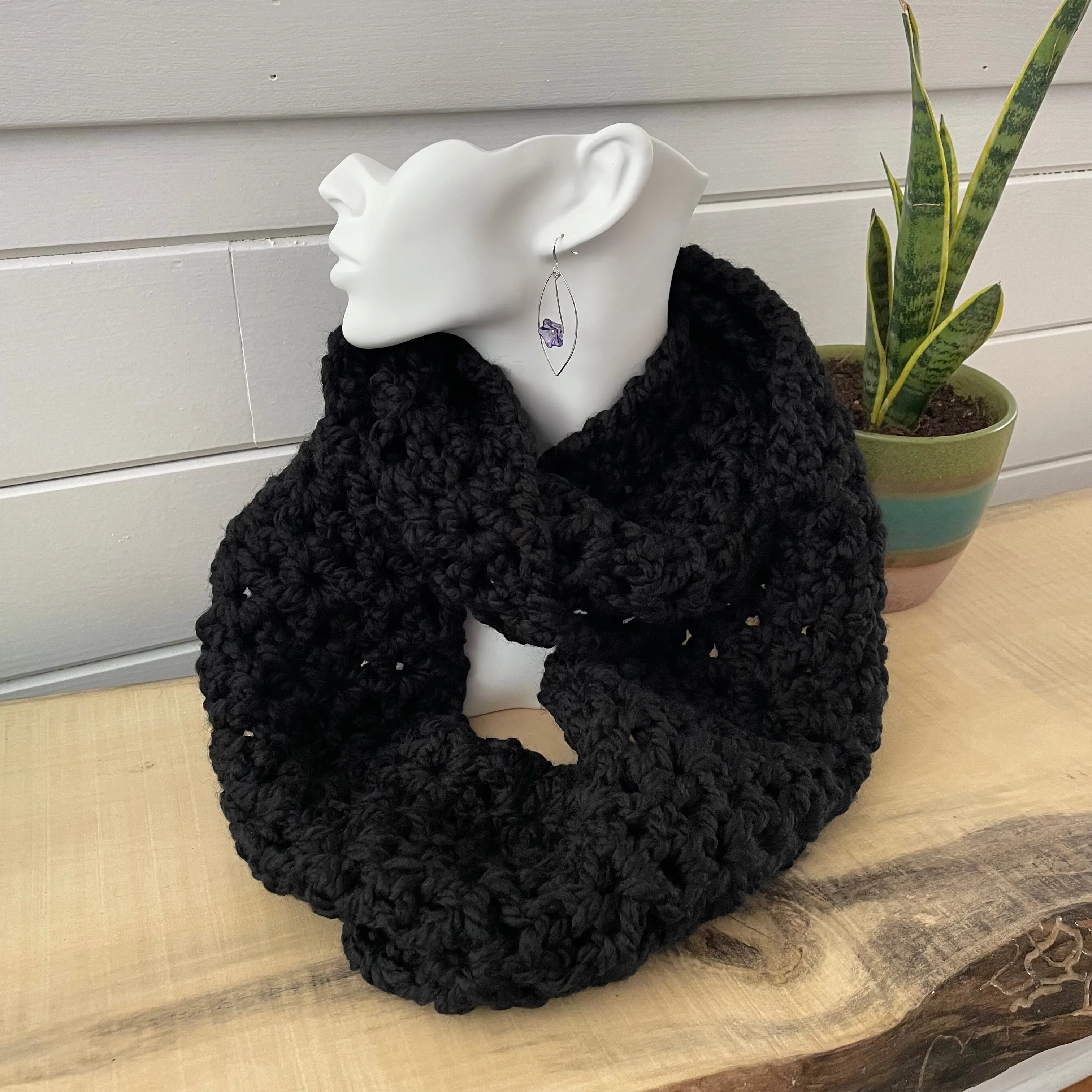 Extra Warm Black Infinity Scarf Wool Blend Crochet Knit Minimalist Unisex Hand Crafted Retro Vintage Style