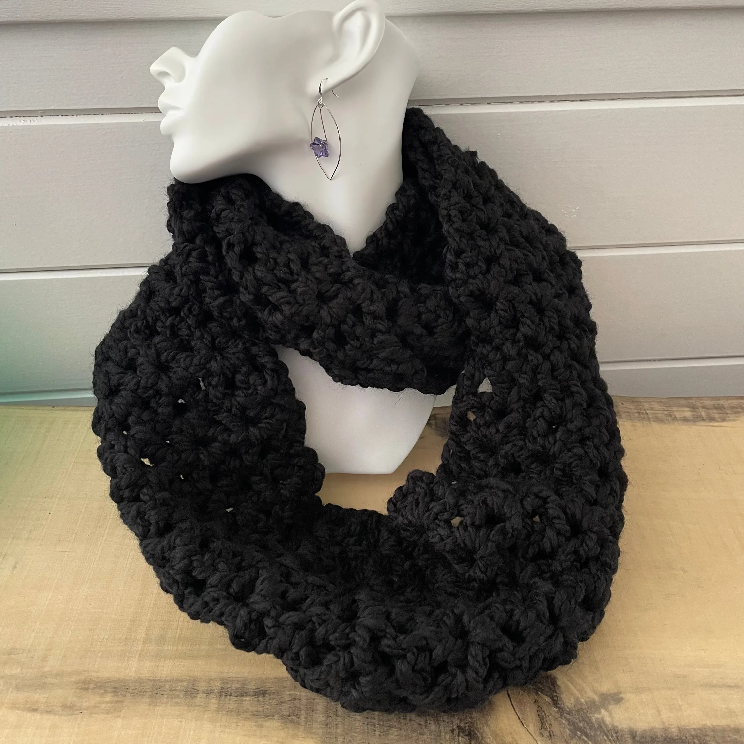 Extra Warm Black Infinity Scarf Wool Blend Crochet Knit Minimalist Unisex Hand Crafted Retro Vintage Style