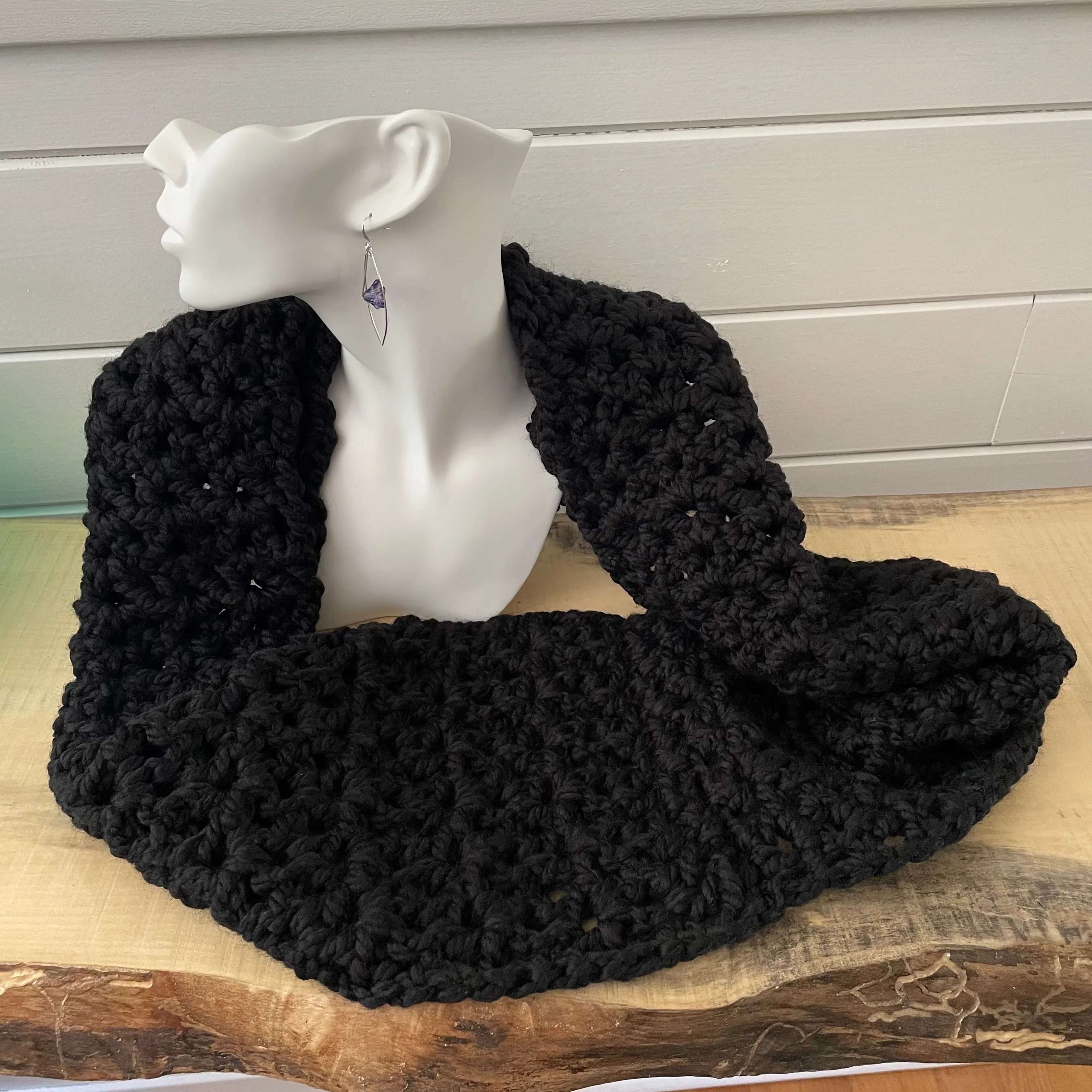 Extra Warm Black Infinity Scarf Wool Blend Crochet Knit Minimalist Unisex Hand Crafted Retro Vintage Style