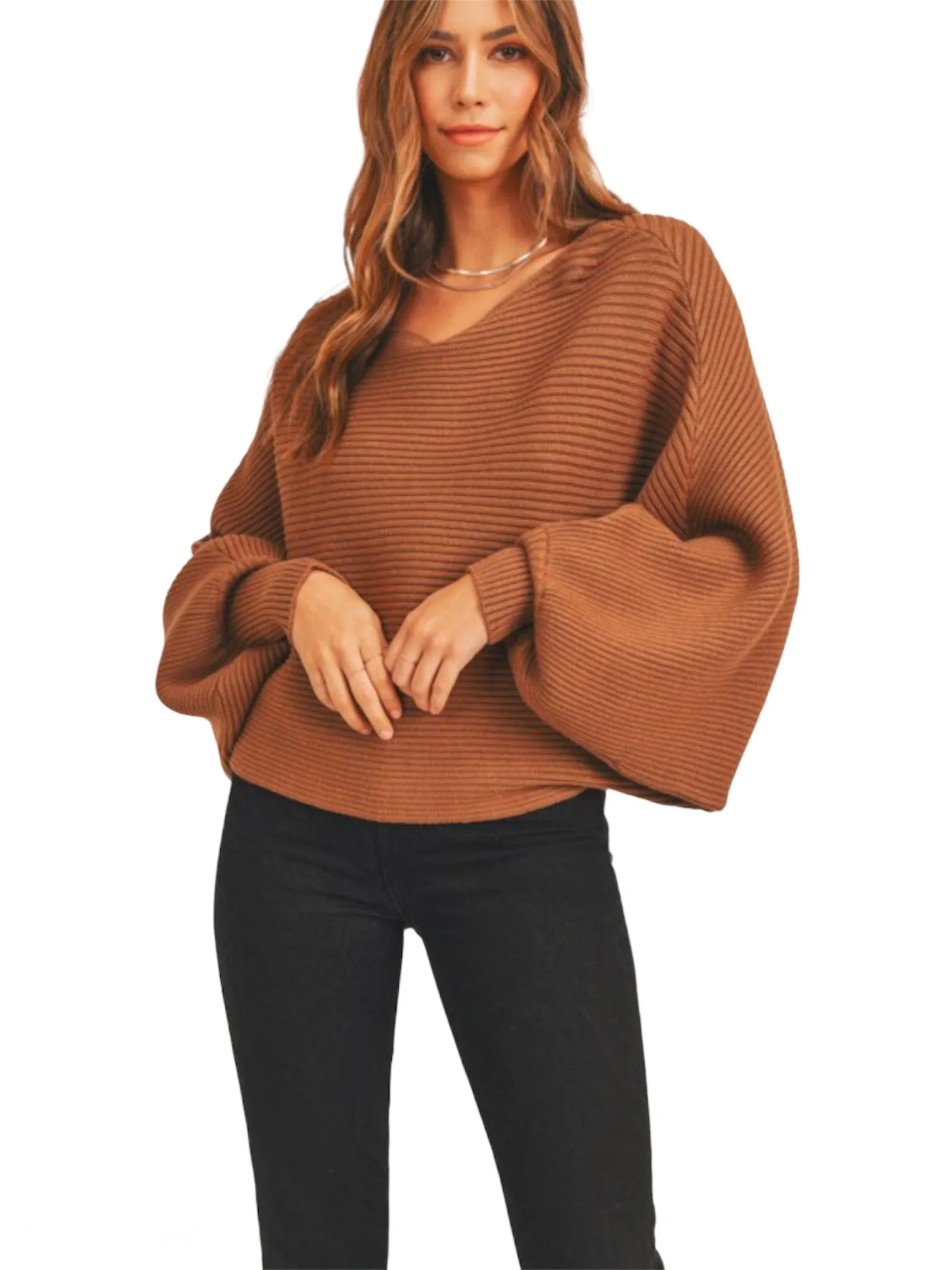 Fall In Love Ribbed Balloon Sleeve Sweater