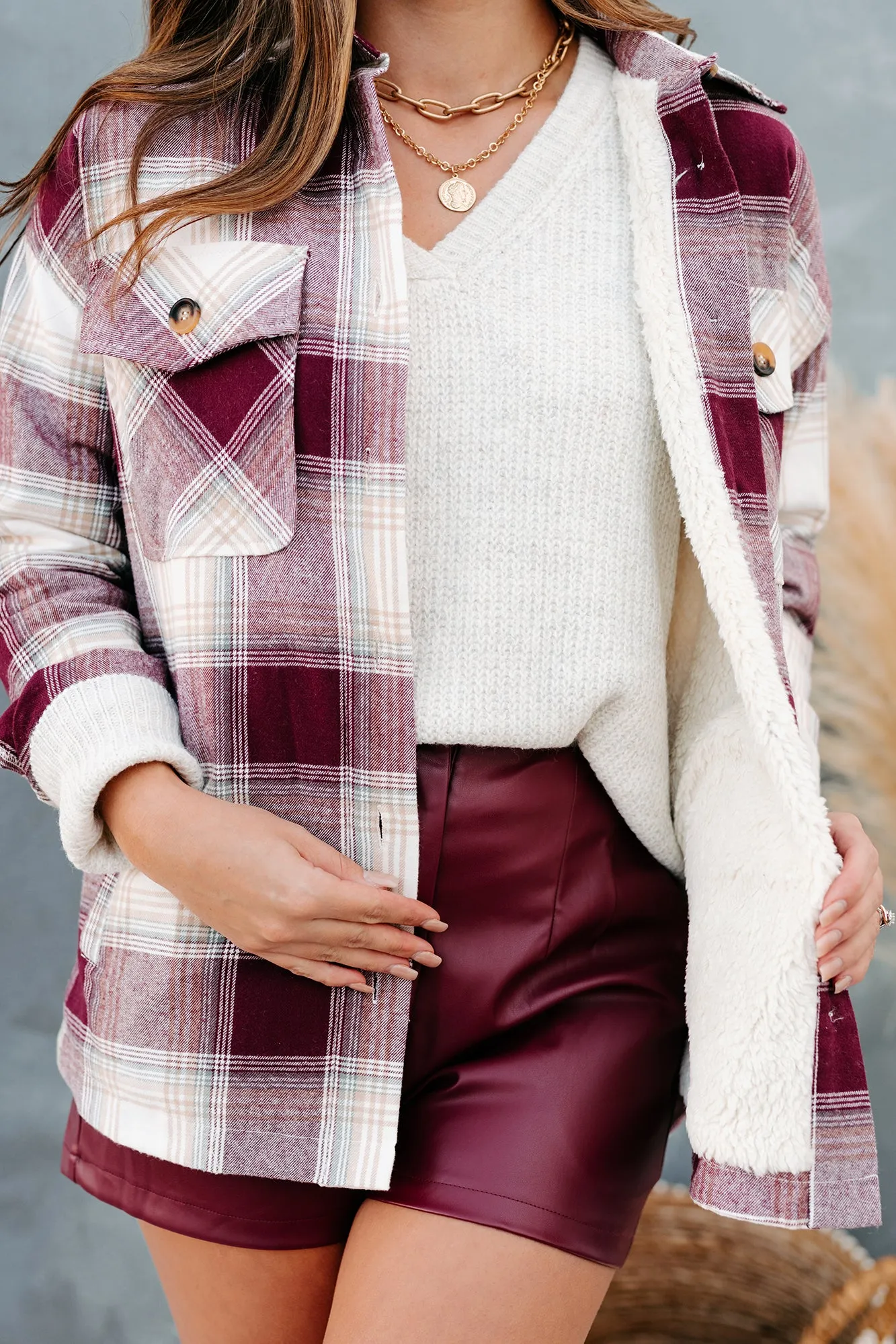 Feels Like Fall Plaid Sherpa Lined Shacket (Burgundy/Ivory)