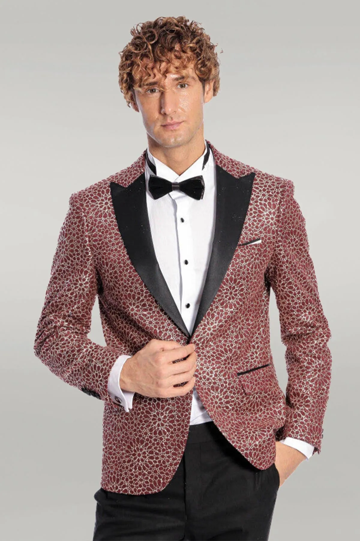 Flower Embroidered Pattern Burgundy Men Tuxedo Blazer - Wessi