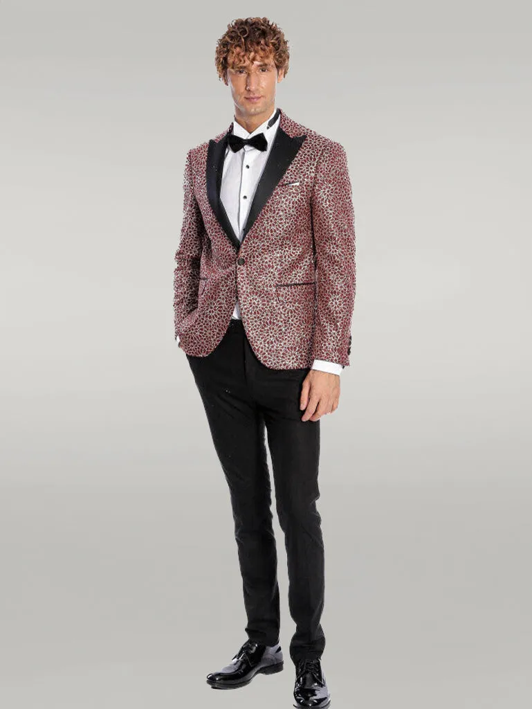 Flower Embroidered Pattern Burgundy Men Tuxedo Blazer - Wessi