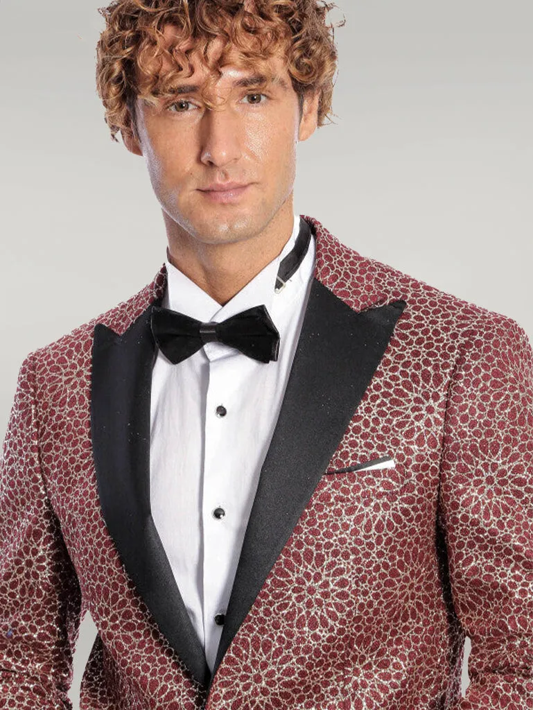 Flower Embroidered Pattern Burgundy Men Tuxedo Blazer - Wessi