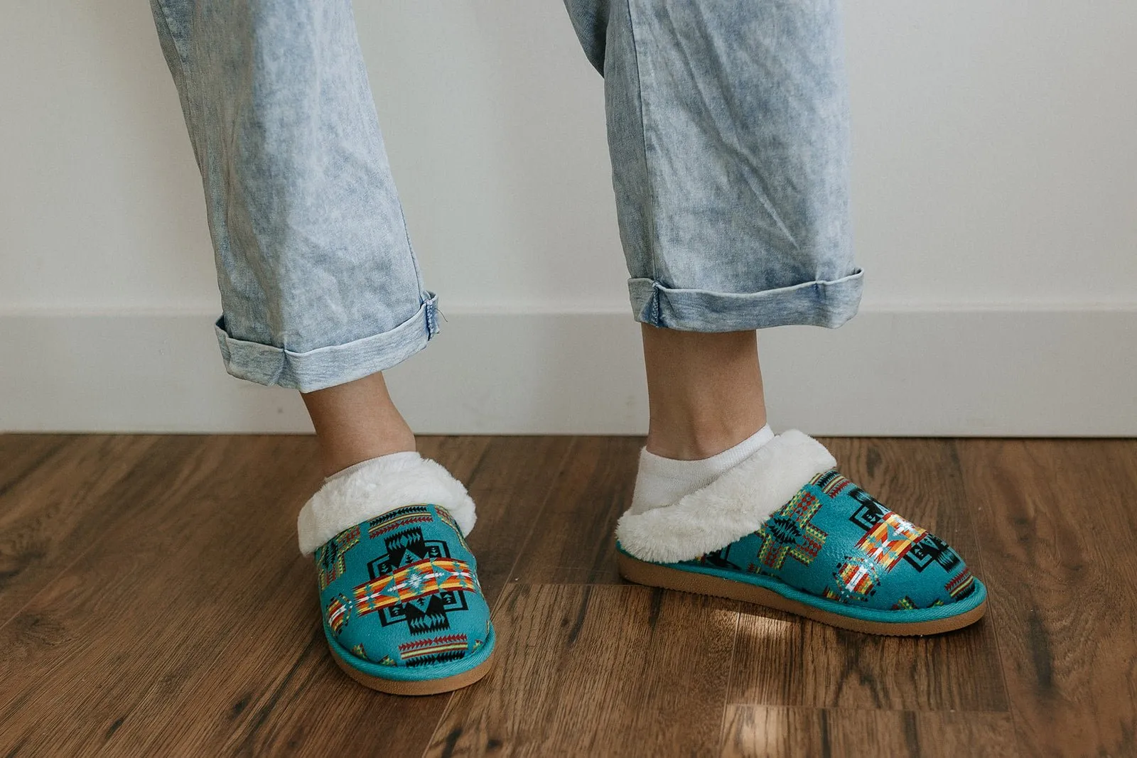 Fur Aztec Indoor Slippers - Turquoise