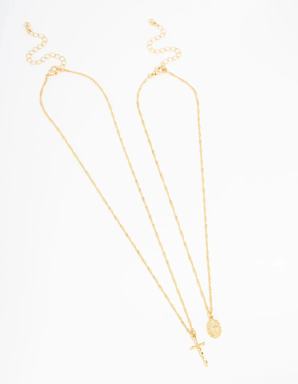 Gold Plated Mary Hammered Cross Necklace 2-Pack