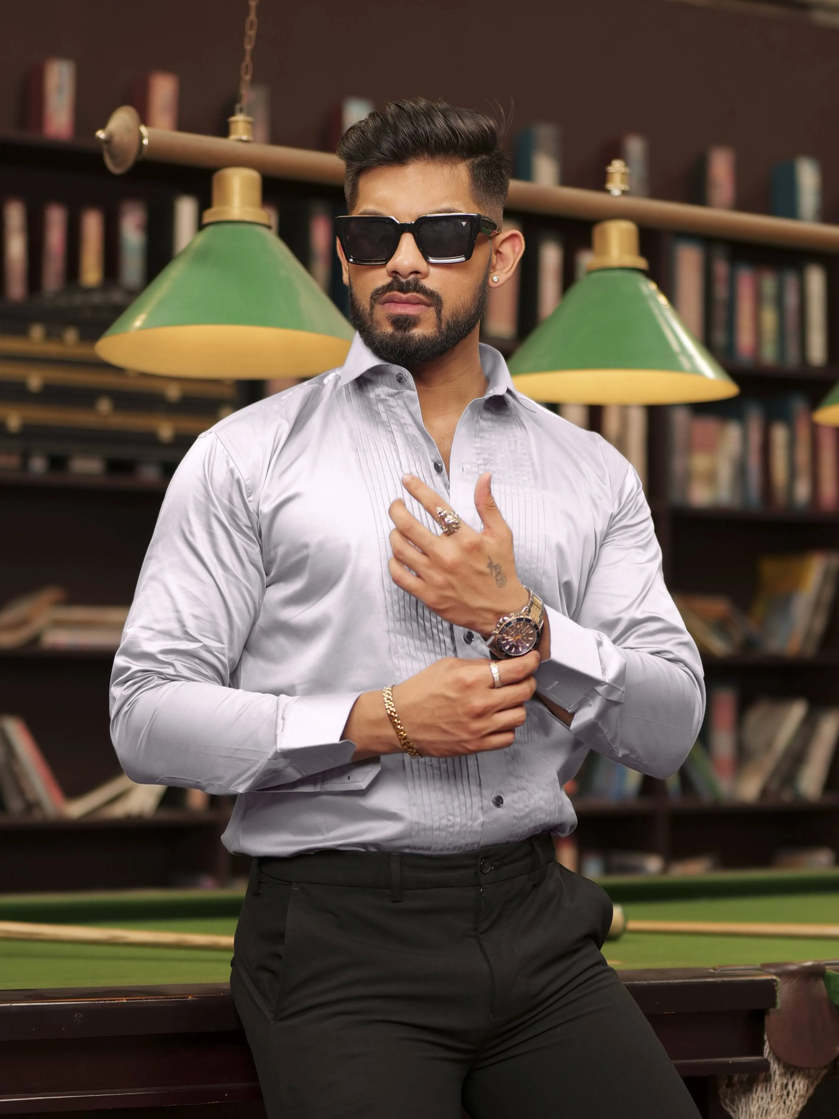 Grey Subtle Sheen Tuxedo Premium Giza Satin Cotton Shirt