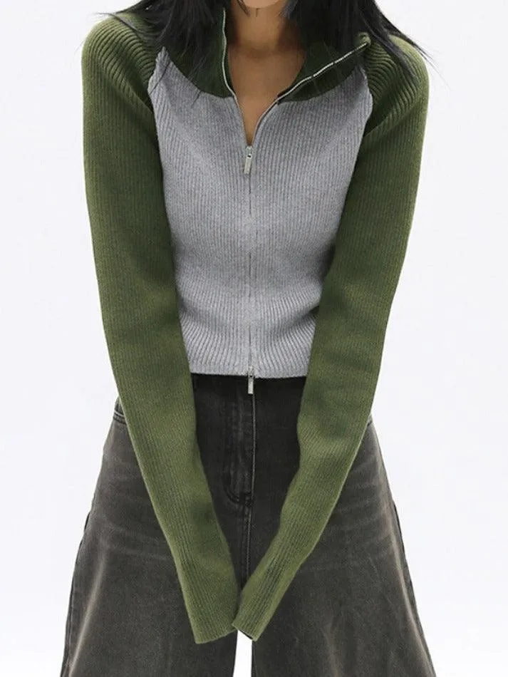 Knit Contrast Color High Neck Cardigan