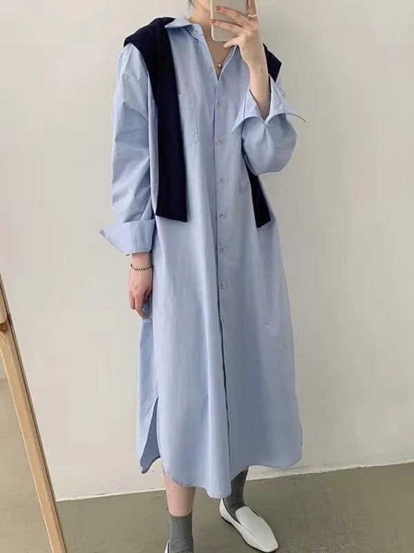 Lapel-Collar Single-Breasted Long Shirt Dress