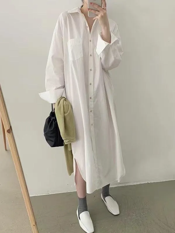 Lapel-Collar Single-Breasted Long Shirt Dress