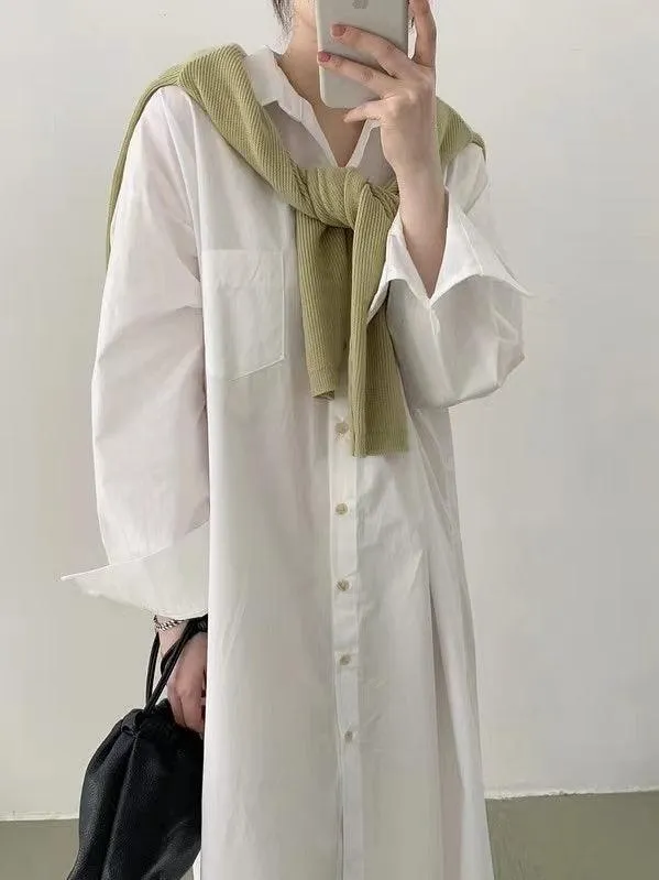 Lapel-Collar Single-Breasted Long Shirt Dress