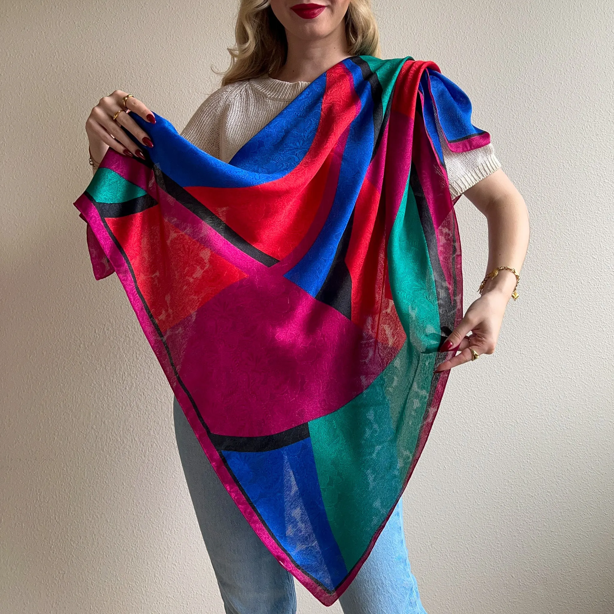 Large 1980s Abstract Print Silk Jacquard Scarf