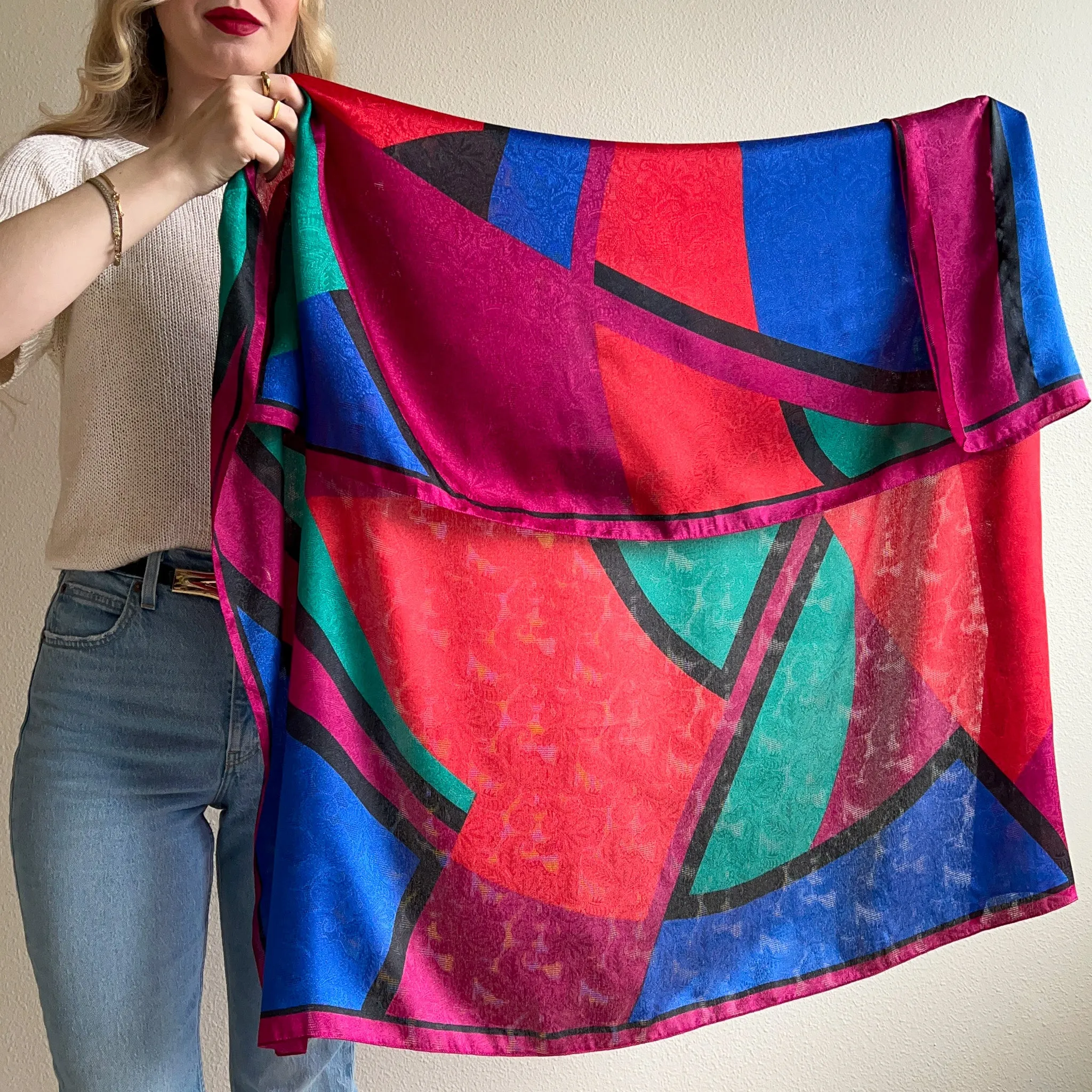 Large 1980s Abstract Print Silk Jacquard Scarf