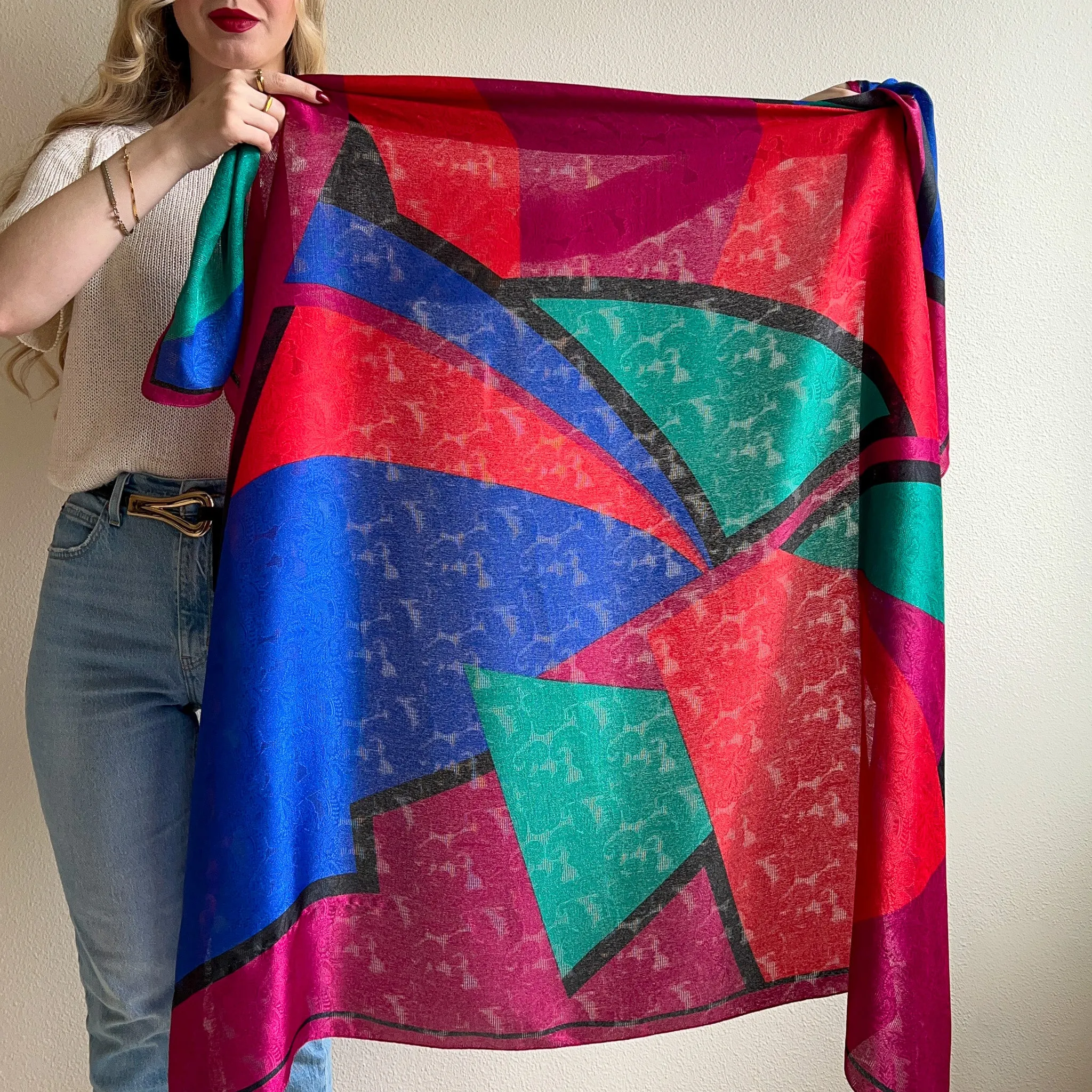 Large 1980s Abstract Print Silk Jacquard Scarf