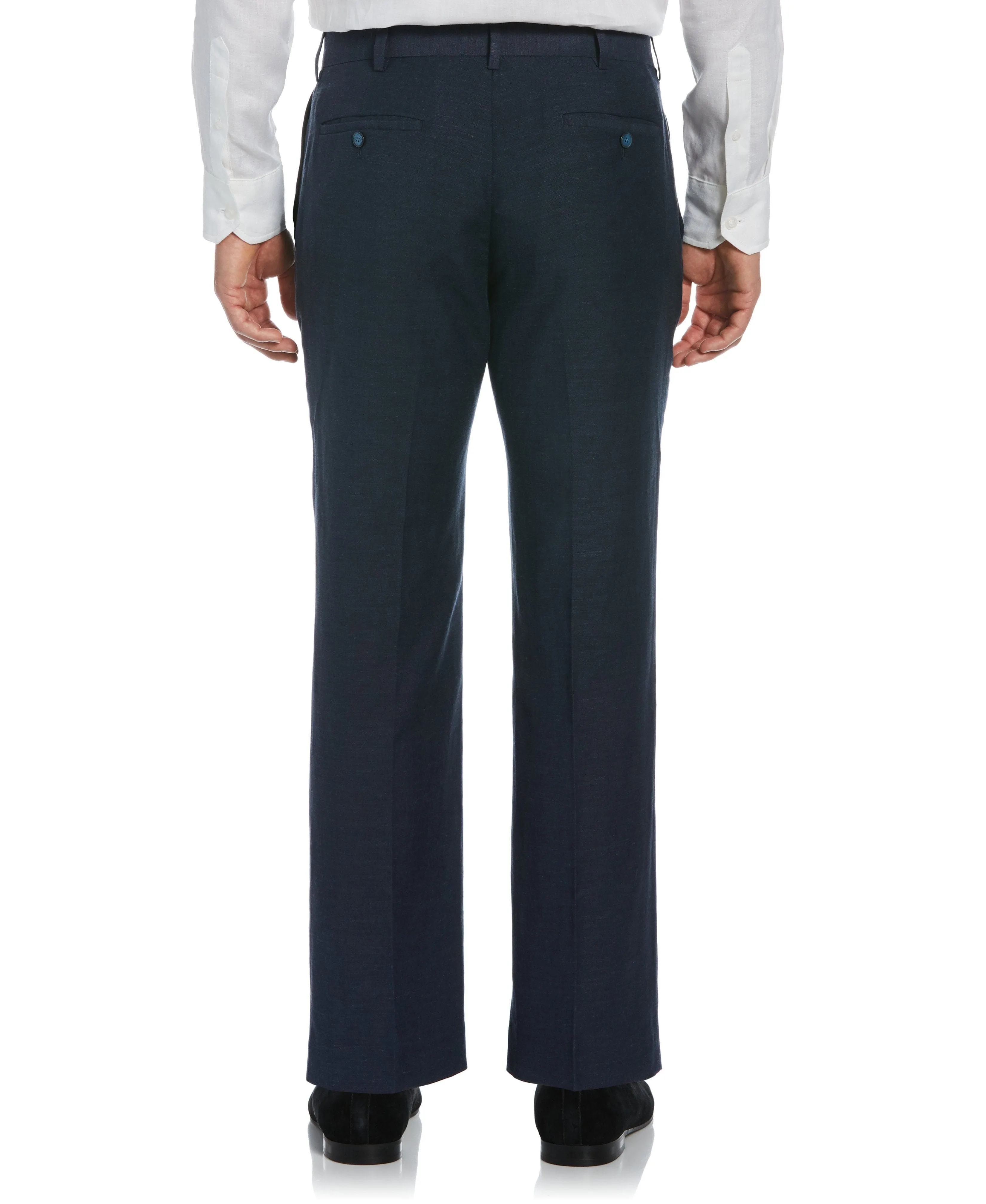 Linen-Blend Flat Front Pants - Navy Blue