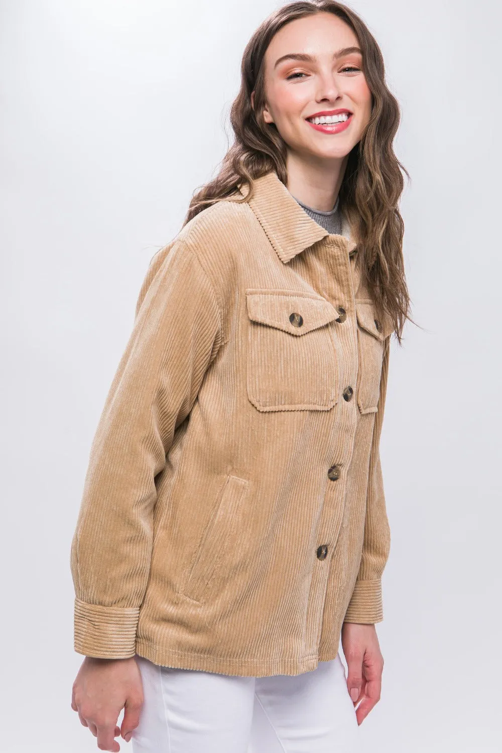 Love Tree Beige Corduroy Button Up Jacket with Sherpa Inside