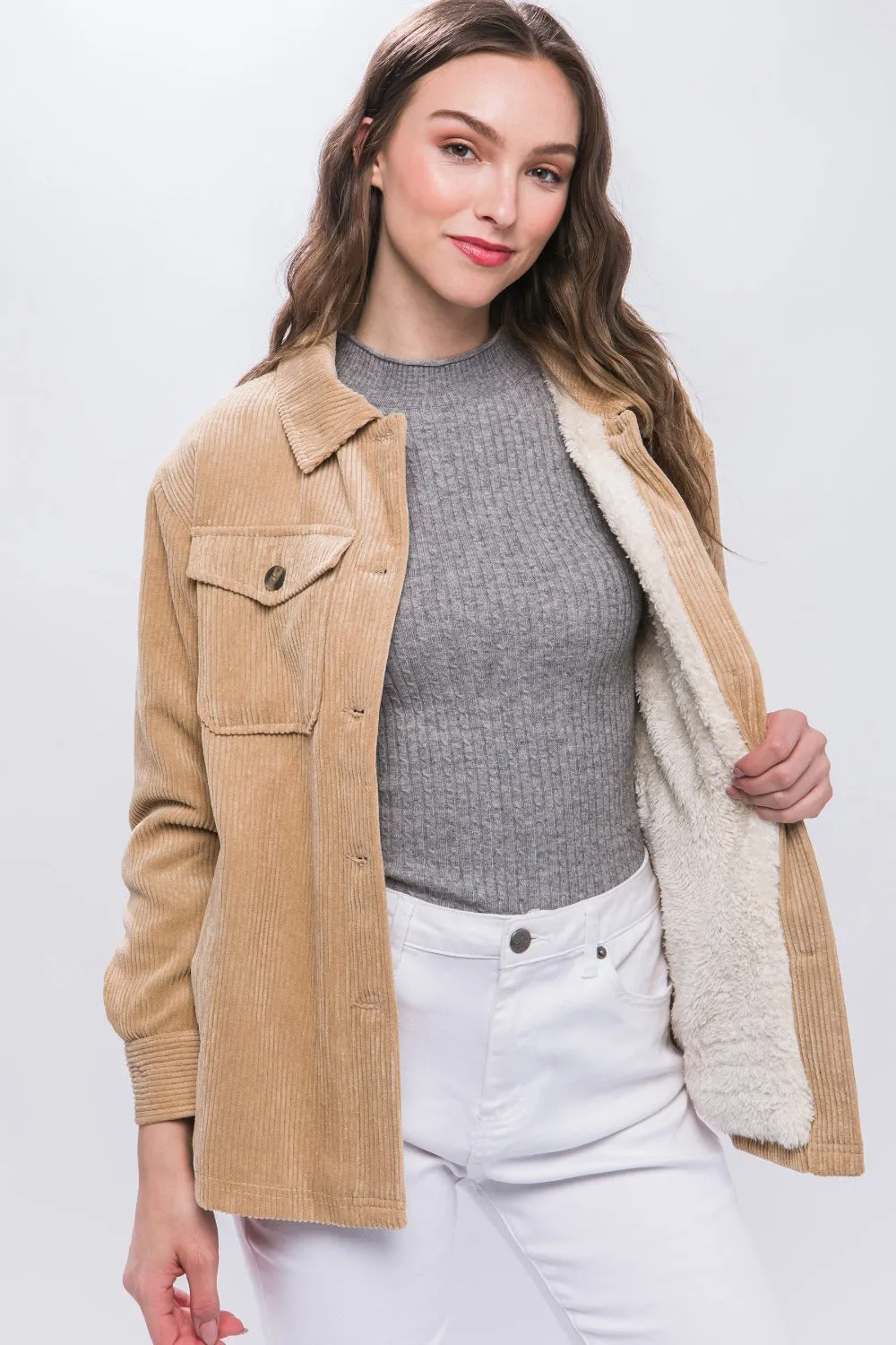 Love Tree Beige Corduroy Button Up Jacket with Sherpa Inside