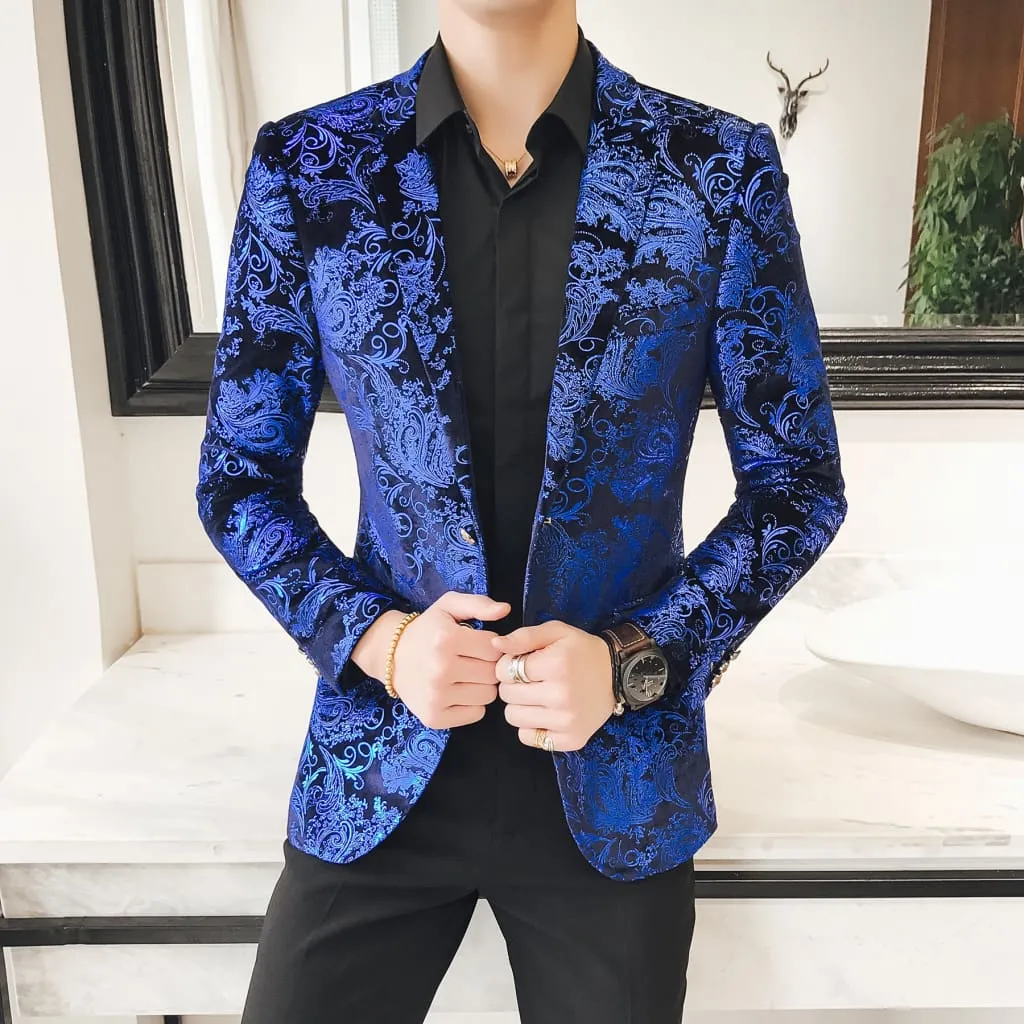 Men Baroque Print Lapel Collar Double Breasted Jacquard Blazer