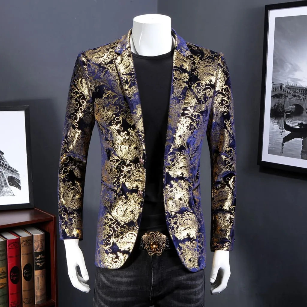 Men Baroque Print Lapel Collar Double Breasted Jacquard Blazer