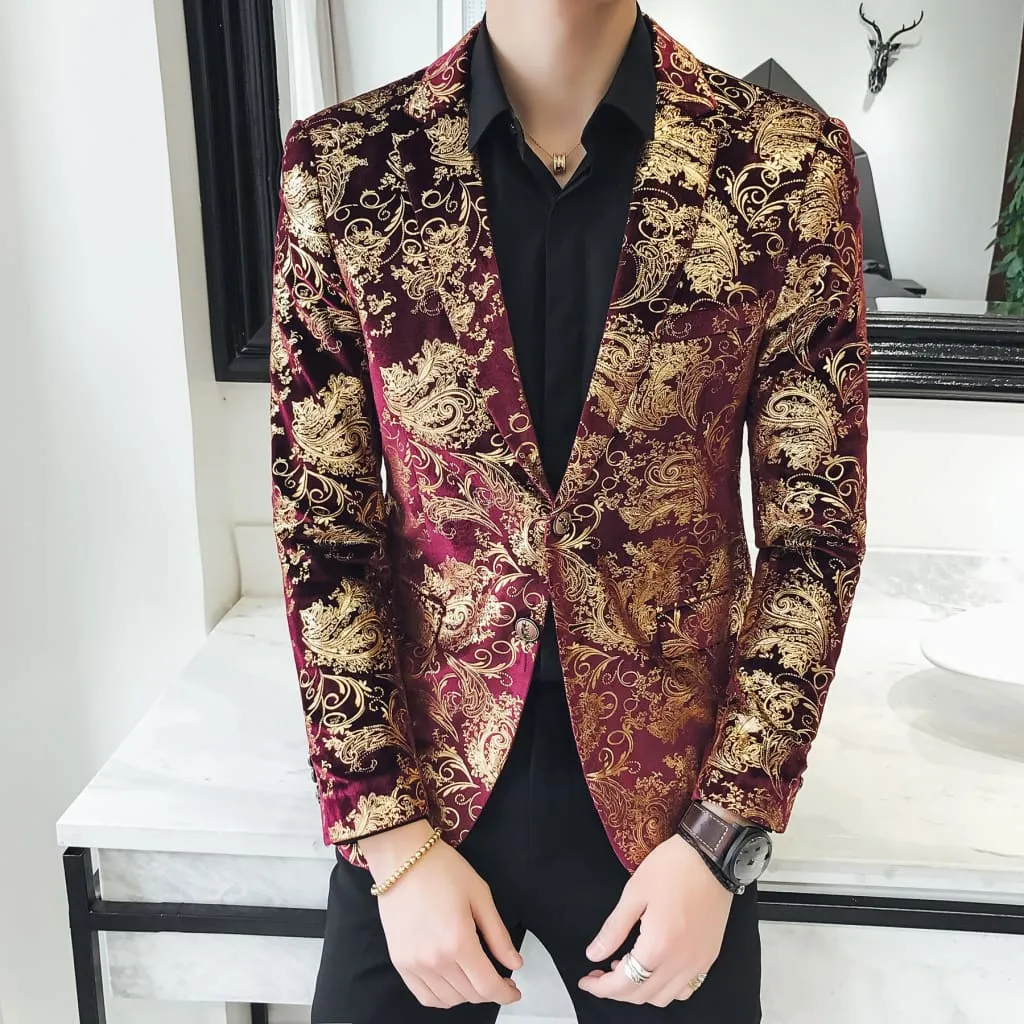 Men Baroque Print Lapel Collar Double Breasted Jacquard Blazer