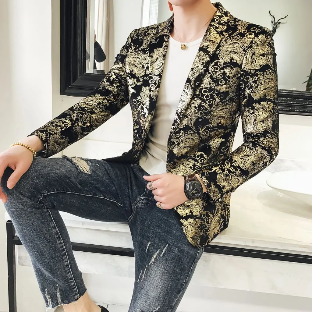 Men Baroque Print Lapel Collar Double Breasted Jacquard Blazer