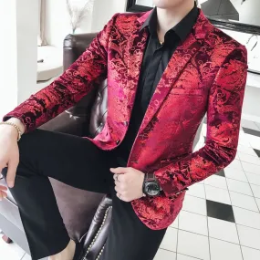 Men Baroque Print Lapel Collar Double Breasted Jacquard Blazer